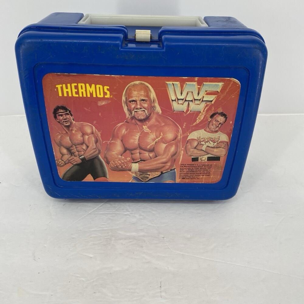 Vintage WWF Thermos Lunch Box Hulk Hogan Rowdy Roddy Piper 1986 Blue - Picture 2 of 6